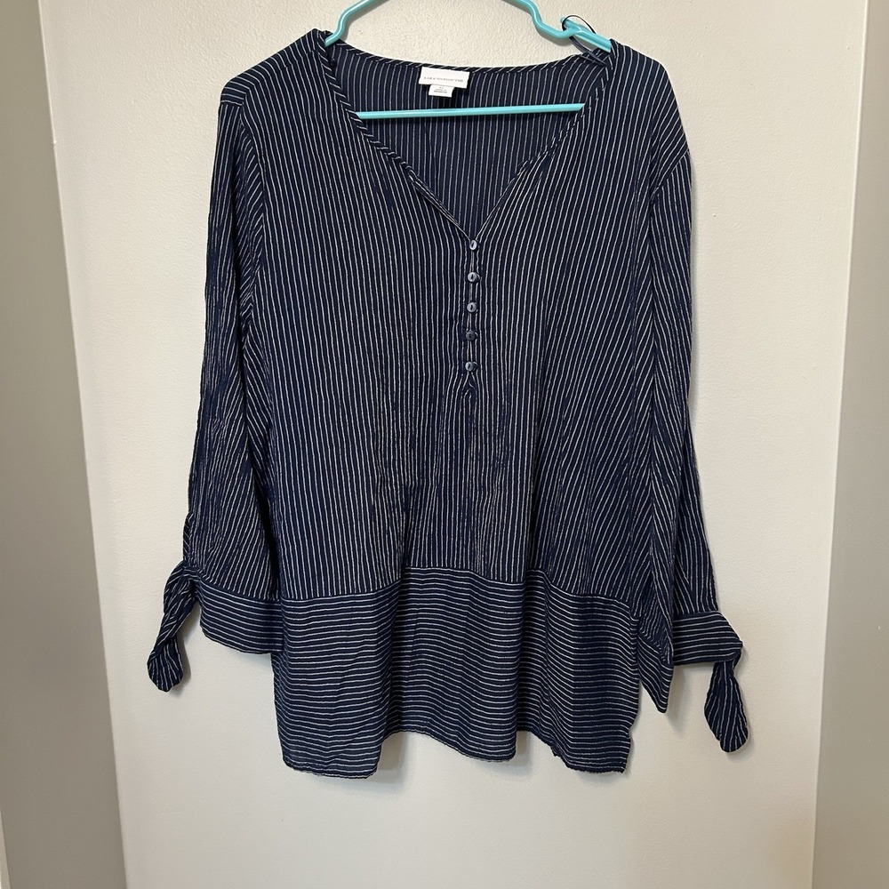 Liz Claiborne Women's Cotton Pin Stripe Pop-Over Top Wrist Tie Blouse XL Career